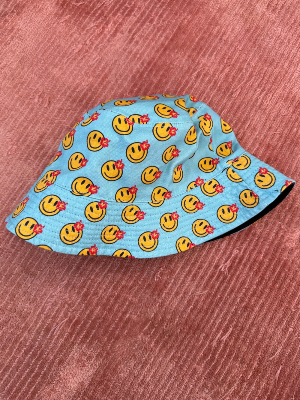 Tropical Smiley Face Pattern Light Blue & Black Reversible Bucket Hat